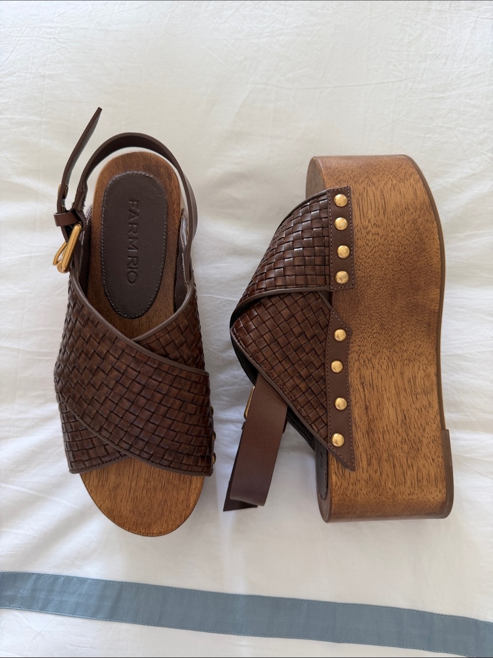 FARM Rio Brown Woven Leather Platform Sandals